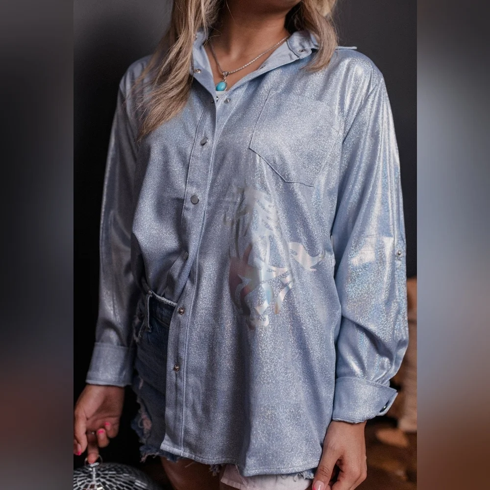 NWT Blue Wild Horses Pearl Snap Gold Foil Button Down Shirt
